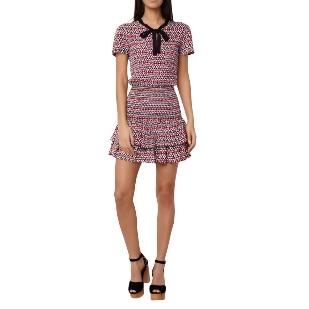 Maje Ralao Geometric Print Smocked Mini Dress Bow Collar French Girl Small